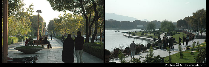 Chahar Bagh Avenue, left; Zayandeh Rud and the park the runs along it, right, Isfahan, Iran.