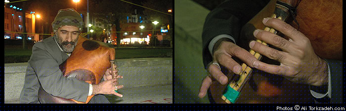 Alireza Najafi, 40, playing his self-made nay-anbaan on the Si-o-se pol bridge, Isfahan, Iran.